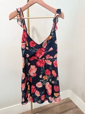 For Good Navy Poppy Floral Ruffle Mini Dress | Size M | EUC